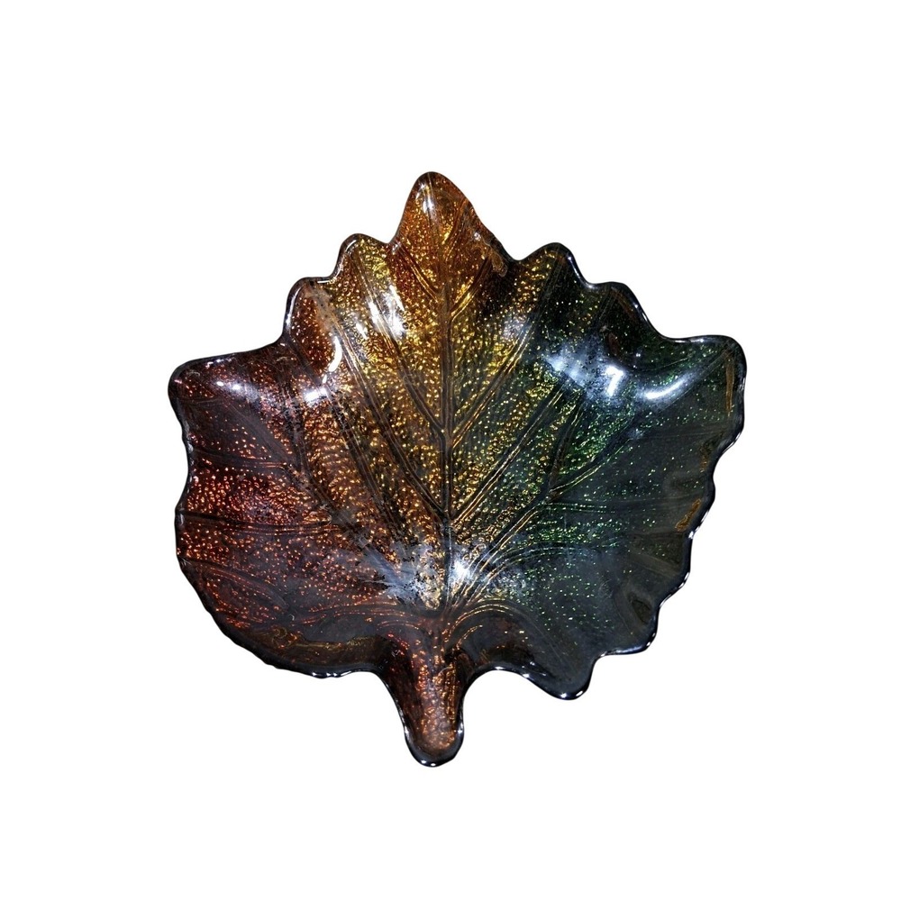 Vintage Iridescent Glass Leaf Bowl Amber Green Ombre Fall Decor Trinket Dish 8in